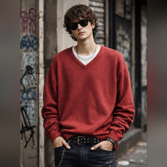 100% Cotton V Neck Normcore Skater Grunge Indie Sleaze Dad Red Sweater Pullover - Picture 2 of 8